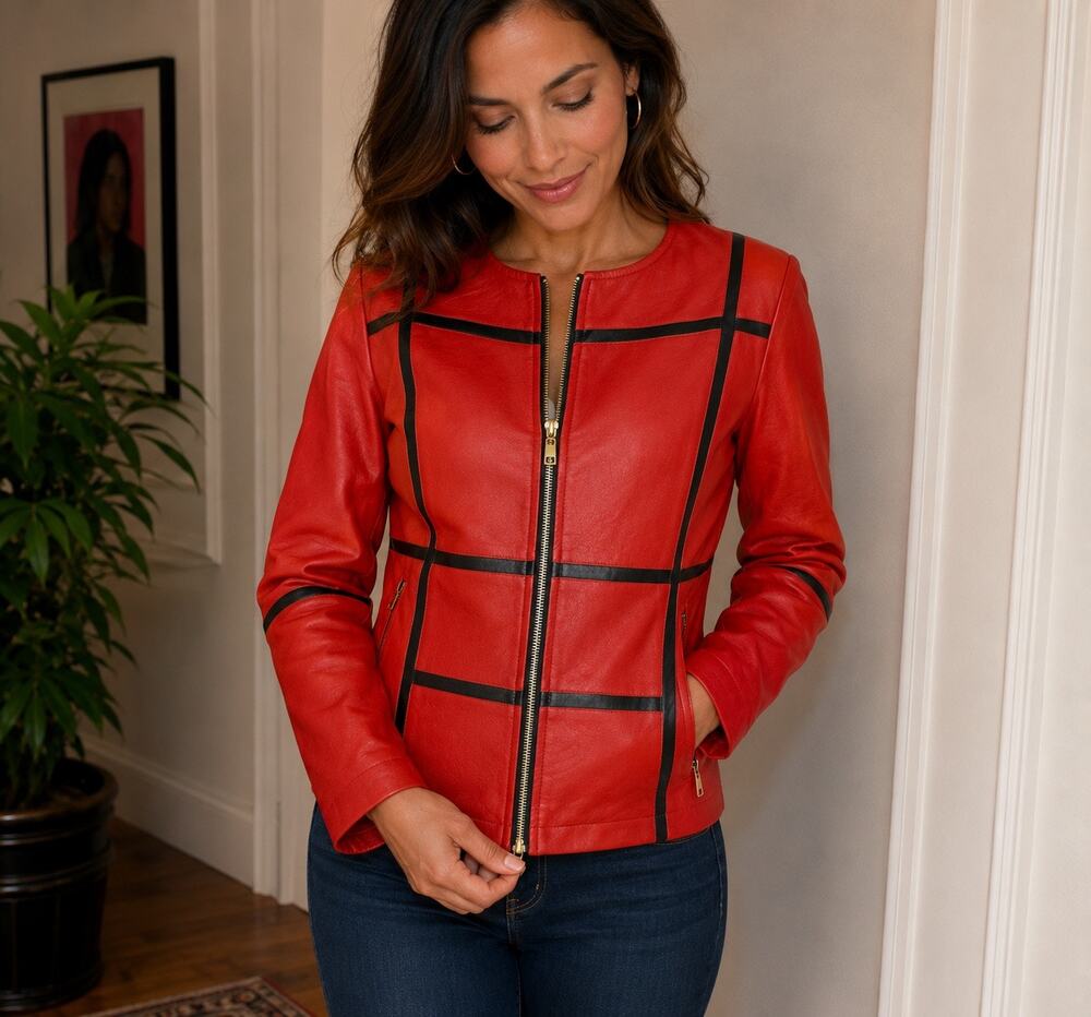 Bagatelle Red Faux Leather Jacket Size M Black Trim Zip Moto Windowpane Vegan